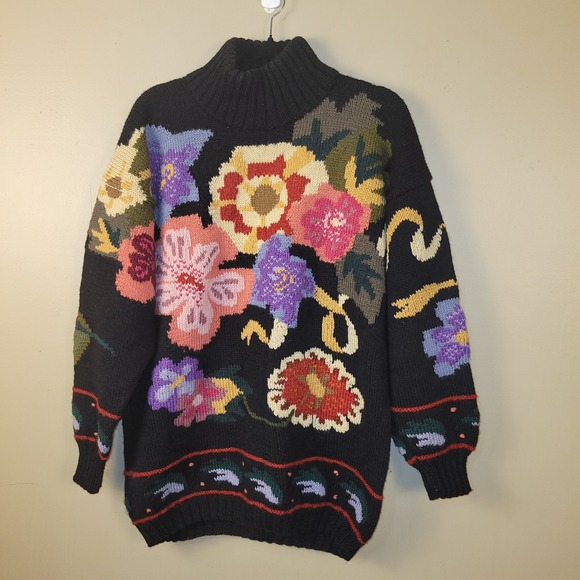 Vintage Bergdorf Goodman Floral Wool Sweater‎ Hand Knit Uruguay L Boho 80s